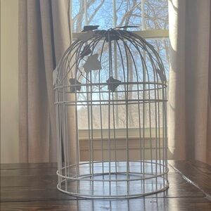 White Decorative Adorned 11 Leaves Domed Birdcage Like No Bottom Accent